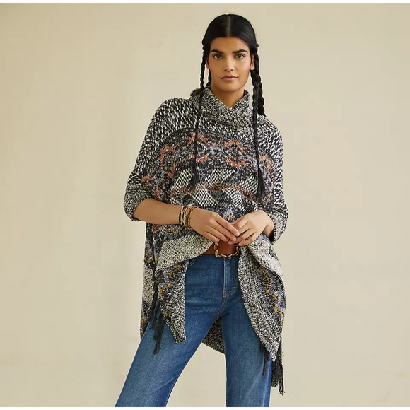 Anthropologie Pilcro Magda Knit Poncho Sweater Boho Fringe Size Medium / Large - Picture 1 of 11